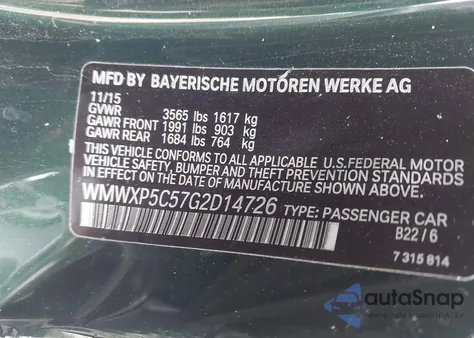 2016 Mini Hardtop Cooper z USA, uszkodzony, nr VIN WMWXP5C57G2D14726